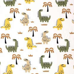 Tecido Jersey Dinossauros Felizes e Palmeiras | Tecidos Lobo