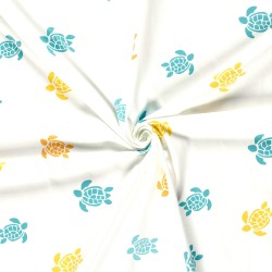 Tecido Jersey Tartarugas Amarelo Turquesa e Laranja Fundo Branco Quebrado | Tecidos Lobo