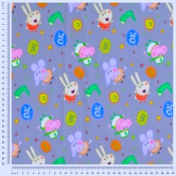 Tecido Jersey algodão Peppa Pig e Emilie Elefante Fundo Cinza | Tissus Loup