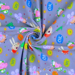 Tecido Jersey algodão Peppa Pig e Emilie Elefante Fundo Cinza | Tissus Loup