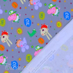 Tecido Jersey algodão Peppa Pig e Emilie Elefante Fundo Cinza | Tissus Loup