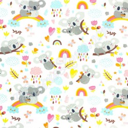 Tecido de Algodão Koala sobre Arco-Íris Fundo Branco | Tissus Loup
