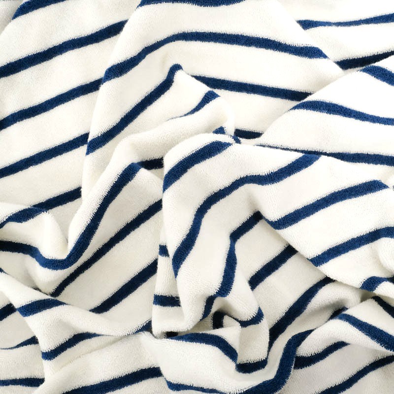 Tecido Jersey Atoalhado mini Listras Azul Marinho Fundo Branco Cru | Tecidos Lobo