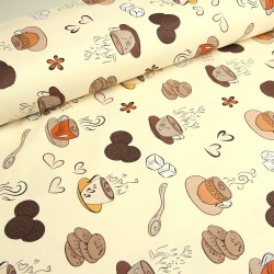 Tecido Decoração Semi Panamá Café e Biscoitos Fundo Creme | Tecidos Lobo