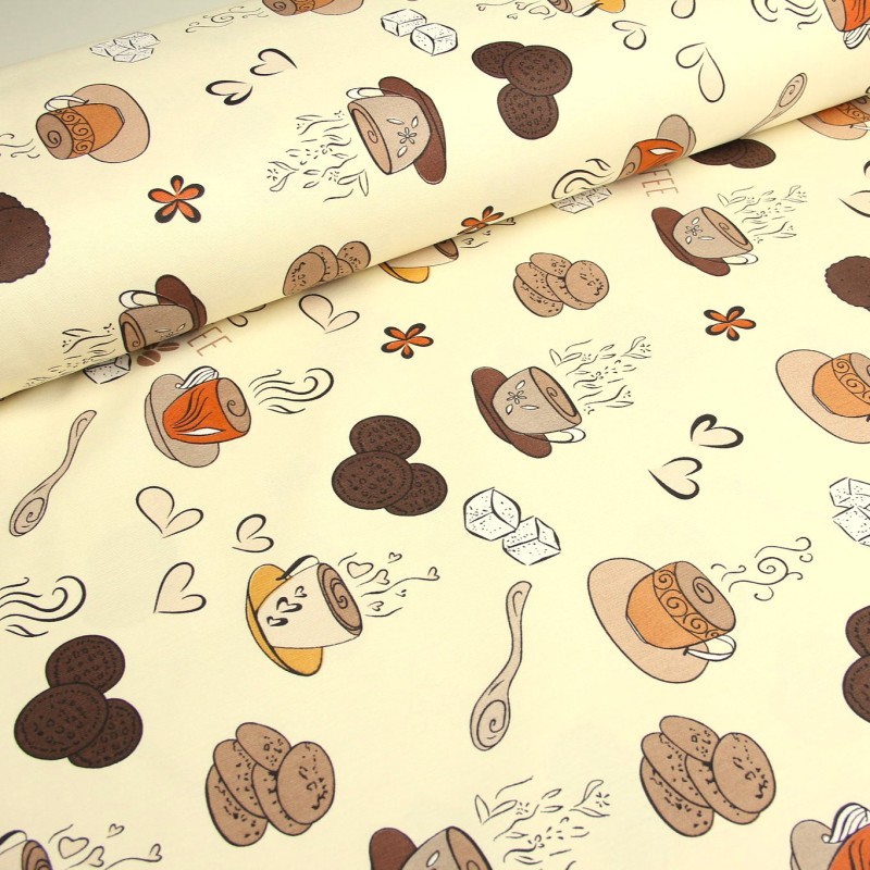 Tecido Decoração Semi Panamá Café e Biscoitos Fundo Creme | Tecidos Lobo