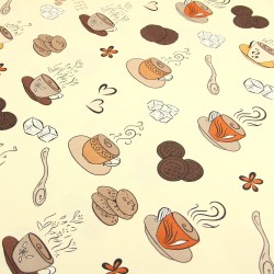 Tecido Decoração Semi Panamá Café e Biscoitos Fundo Creme | Tecidos Lobo