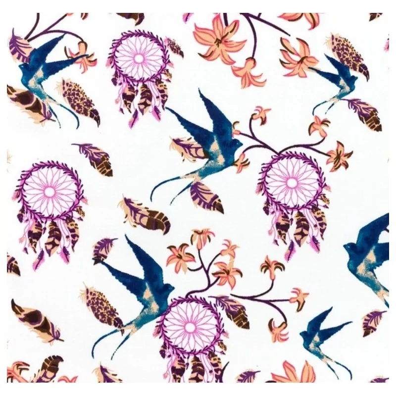 Tecido de Algodão Apanhador de Sonhos Violeta e Beija-flores | Tissus Loup