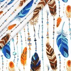 Tecido de Algodão com Penas e Pérolas Azul e Laranja | Tissus Loup