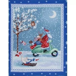 Pano de Festa Papai Noel em Scooter Quadro Azul | Tissus Loup