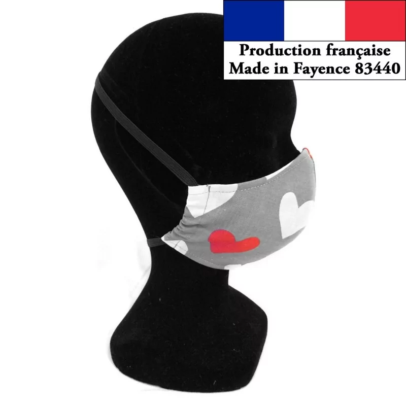 Máscara de proteção de barreira coração branco e vermelho design moderno reutilizável AFNOR | Tissus Loup