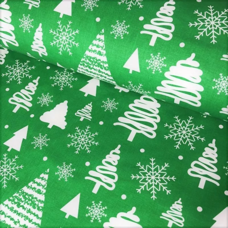Tecido de Algodão Árvore de Natal e Floco de Neve Fundo Verde | Tissus Loup