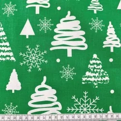 Tecido de Algodão Árvore de Natal e Floco de Neve Fundo Verde | Tissus Loup