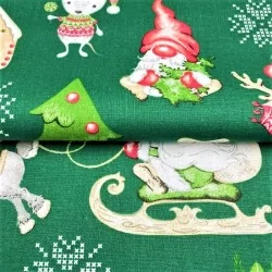 Tecido de Algodão Duendes de Natal, Renas e Ratos Fundo Verde | Tissus Loup