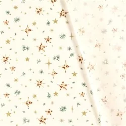 Tecido de Algodão Estrelas douradas e Ramos de Pinheiro Fundo Branco | Tissus Loup