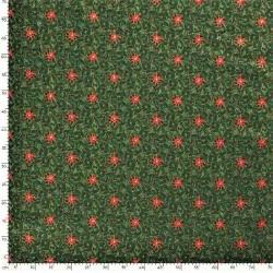 Tecido de Algodão Flor estrela vermelha de Natal ramos dourados Fundo verde | Tissus Loup
