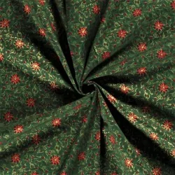Tecido de Algodão Flor estrela vermelha de Natal ramos dourados Fundo verde | Tissus Loup