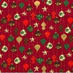 Tecido de Algodão com bolas de Natal douradas Fundo Vermelho Carmim | Tissus Loup