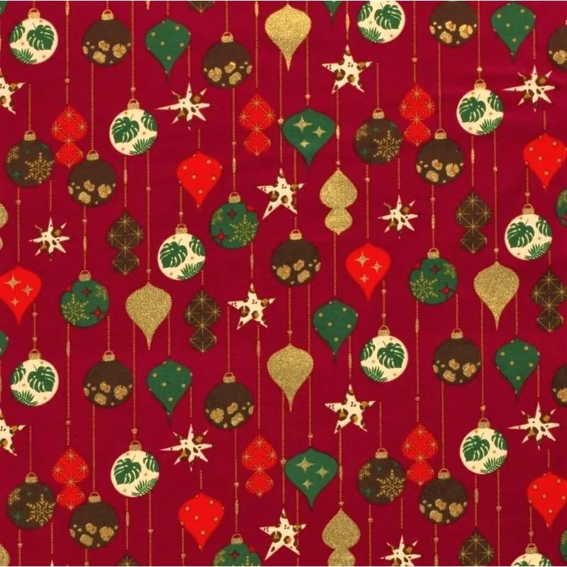 Tecido de Algodão com bolas de Natal douradas Fundo Vermelho Carmim | Tissus Loup