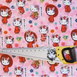 Tecido de Algodão Hello Kitty Kimono fundo rosa | Tissus Loup
