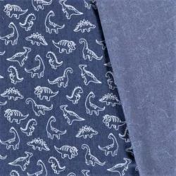 Tecido Jeans stretch azul claro com pequeno dinossauro impresso | Tissus Loup