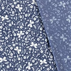 Tecido Jeans stretch estampado azul claro com borboletas e flores | Tissus Loup