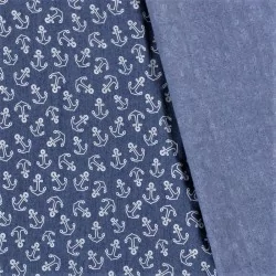 Tecido Jeans stretch azul claro impresso com âncoras | Tissus Loup