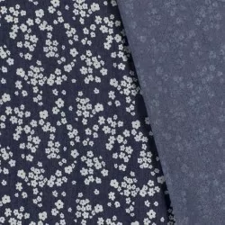Tecido Jeans stretch azul escuro impresso com pequenas flores brancas | Tissus Loup