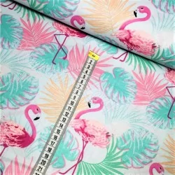 Tecido de Algodão Tecido Flamingo Rosa e Folha de Palmeira | Tissus Loup