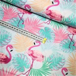 Tecido de Algodão Tecido Flamingo Rosa e Folha de Palmeira | Tissus Loup