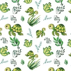 Tecido de algodão estampado com tartarugas marinhas verdes e plantas | Tissus Loup