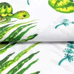 Tecido de algodão estampado com tartarugas marinhas verdes e plantas | Tissus Loup