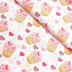 Tecido Cupcake Rosa e Coração de Algodão | Tissus Loup