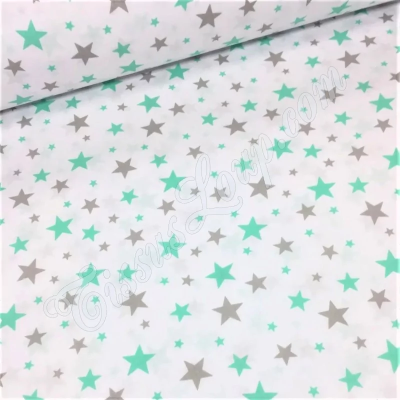 Tecido de Algodão Estrelas Verde Menta e Cinza | Tissus Loup