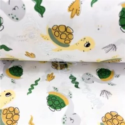 Tecido de Algodão impresso com Pequenas Tartarugas marinhas verdes e plantas | Tissus Loup