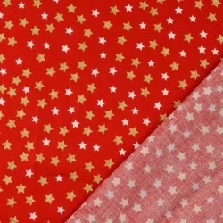 Tecido de Algodão Estrelas Douradas e Brancas Fundo Vermelho | Tissus Loup
