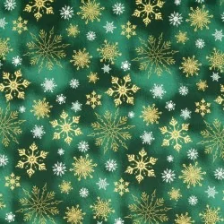 Tecido de Algodão Flocos de Neve dourados e Branco fundo verde | Tissus Loup