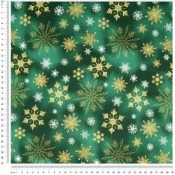 Tecido de Algodão Flocos de Neve dourados e Branco fundo verde | Tissus Loup