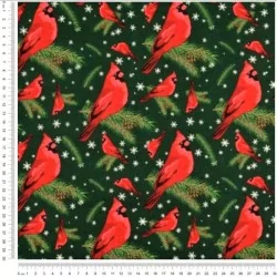Tecido de Algodão Pássaro de Natal Vermelho-Gorge fundo verde | Tissus Loup
