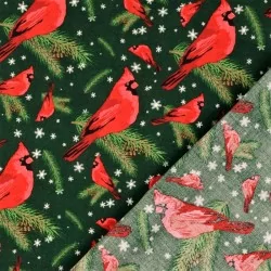 Tecido de Algodão Pássaro de Natal Vermelho-Gorge fundo verde | Tissus Loup