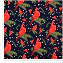 Tecido de Algodão Pássaro de Natal Vermelho-Gorge fundo azul marinho | Tissus Loup