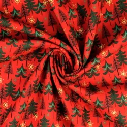 Tecido de Algodão Árvores de Natal e Flocos de Neve Dourados Fundo Vermelho | Tissus Loup