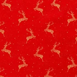 Tecido de Algodão com Renas Douradas de Natal em Fundo Vermelho | Tissus Loup