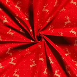 Tecido de Algodão com Renas Douradas de Natal em Fundo Vermelho | Tissus Loup