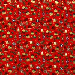 Tecido de Algodão Presentes e Bolas de Natal fundo vermelho |Tissus Loup