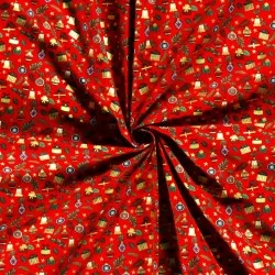 Tecido de Algodão Presentes e Bolas de Natal fundo vermelho |Tissus Loup