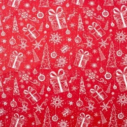 Tecido de Algodão Presentes e Árvore de Natal Fundo Vermelho | Tissus Loup