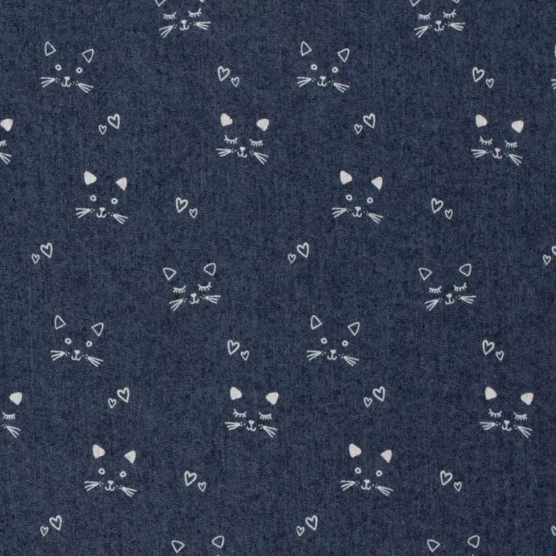 Tecido Jeans stretch azul escuro gatos | Tissus Loup