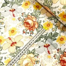 Tecido de Algodão Rosas Hibiscus e Flores Amarelas | Tissus Loup