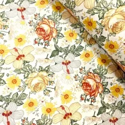 Tecido de Algodão Rosas Hibiscus e Flores Amarelas | Tissus Loup