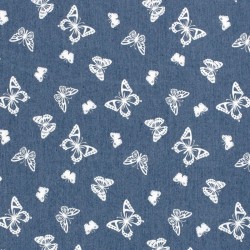 Tecido Jeans stretch impresso azul claro borboletas | Tissus Loup